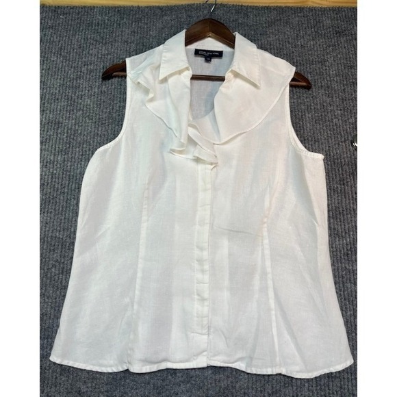 Jones New York Signature Tops - Jones New York Signature White Linen Sleeveless Ruffle Collar Blouse Top Large